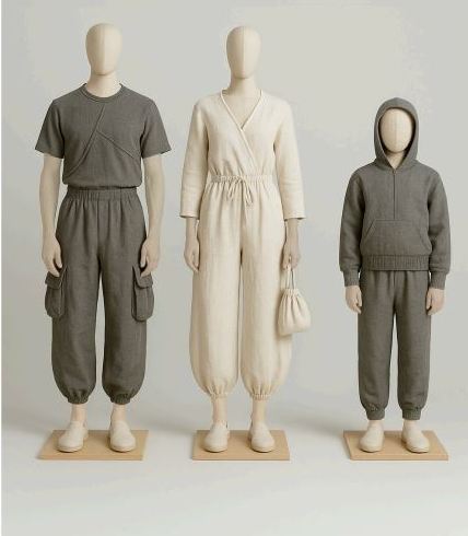 Illustration of clothing designs for a family of four on a spaceship, including details on materials and production.