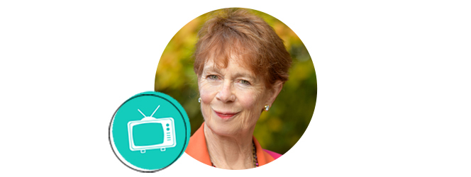 Celia Imrie headshot with television icon.
