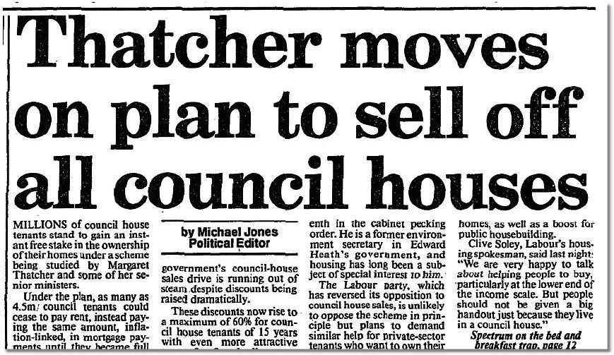 Newspaper clipping about Thatcher's plan to sell council houses.