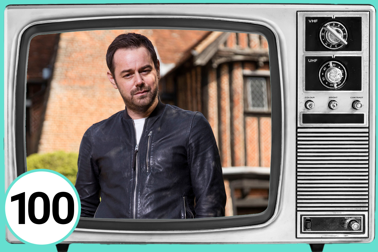 Illustration of Danny Dyer on a vintage television screen. Number 100 is visible.