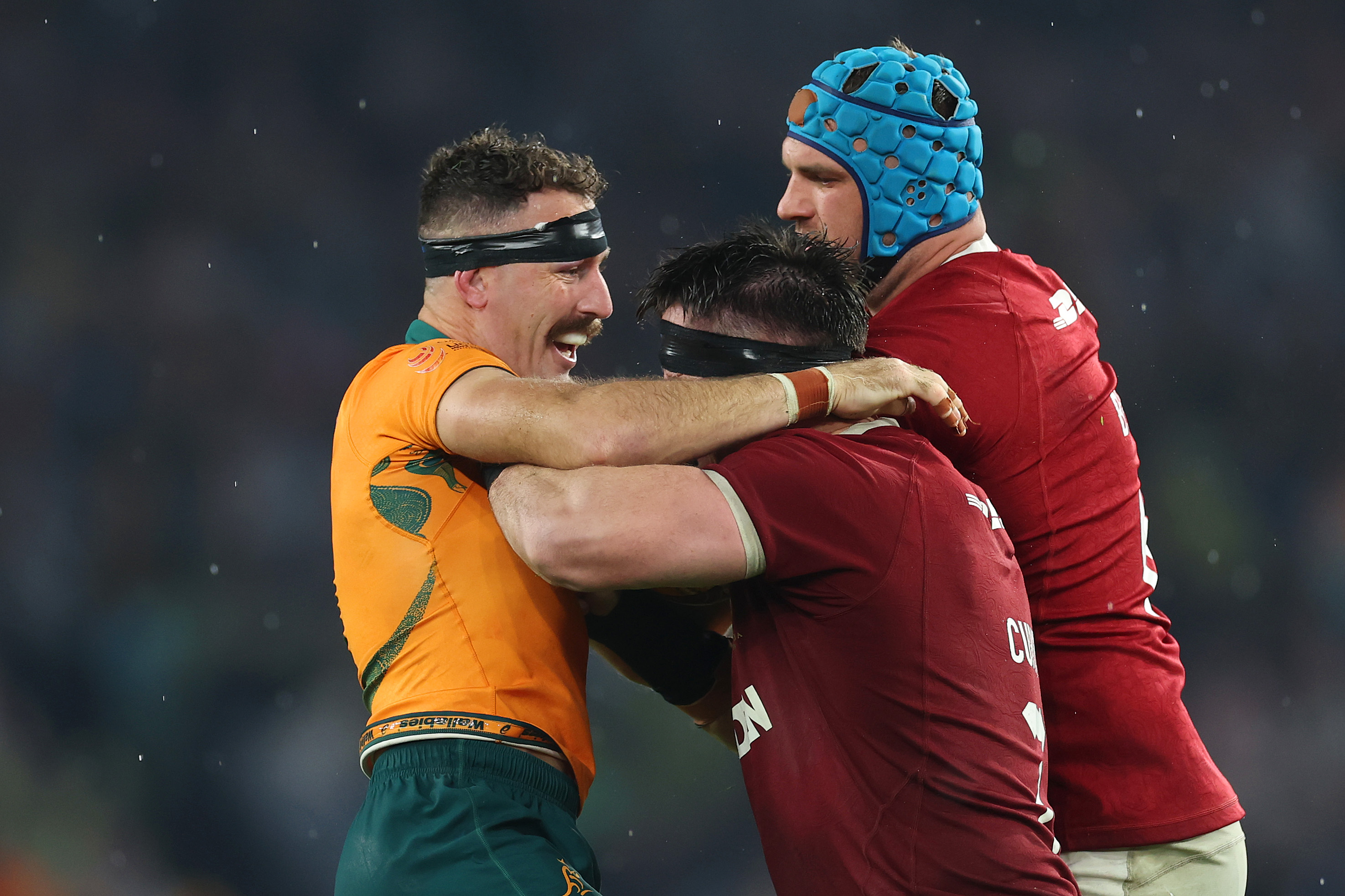 Rugby players in a scrum.