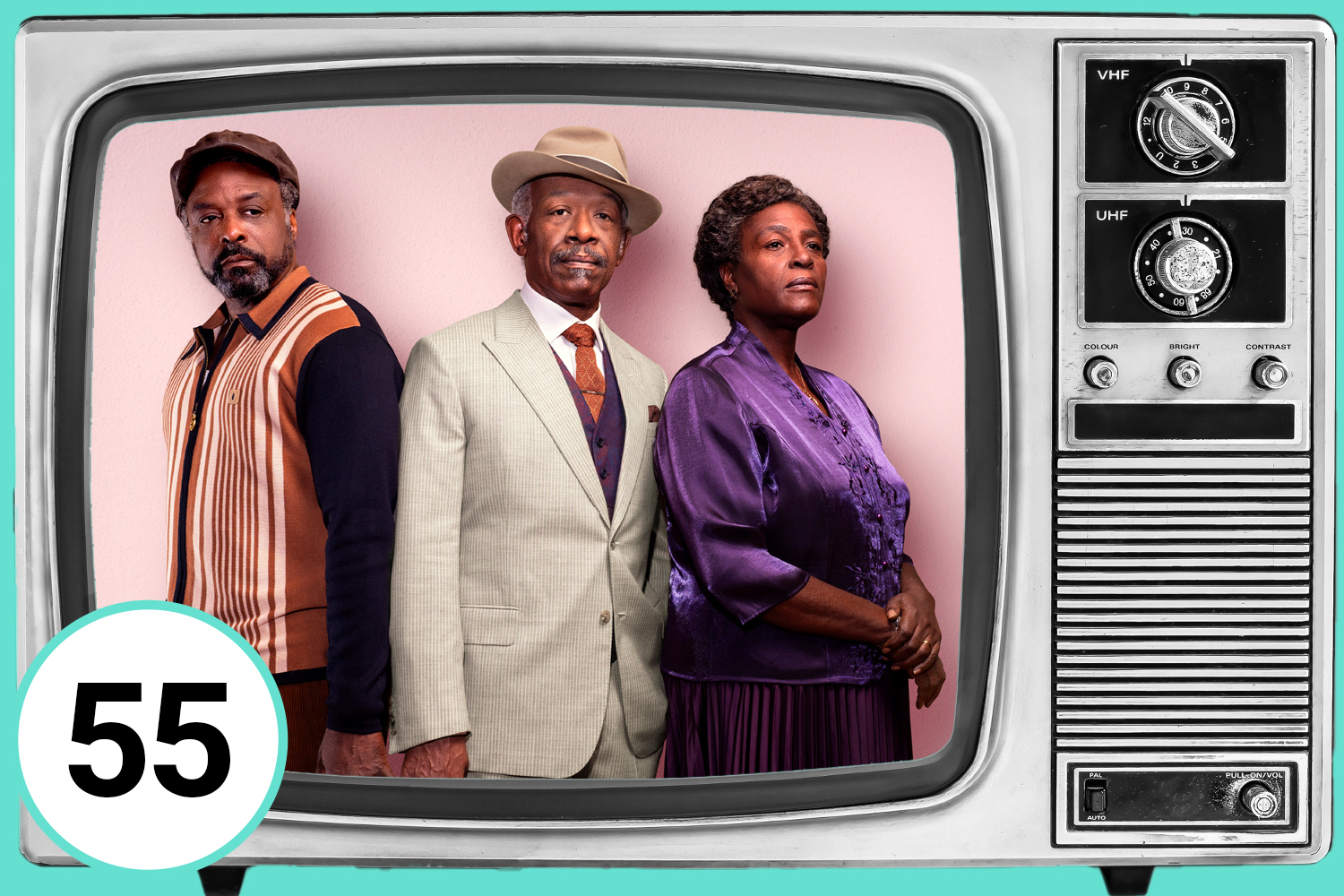 Illustration of Mr Loverman cast on an old television screen; number 55.