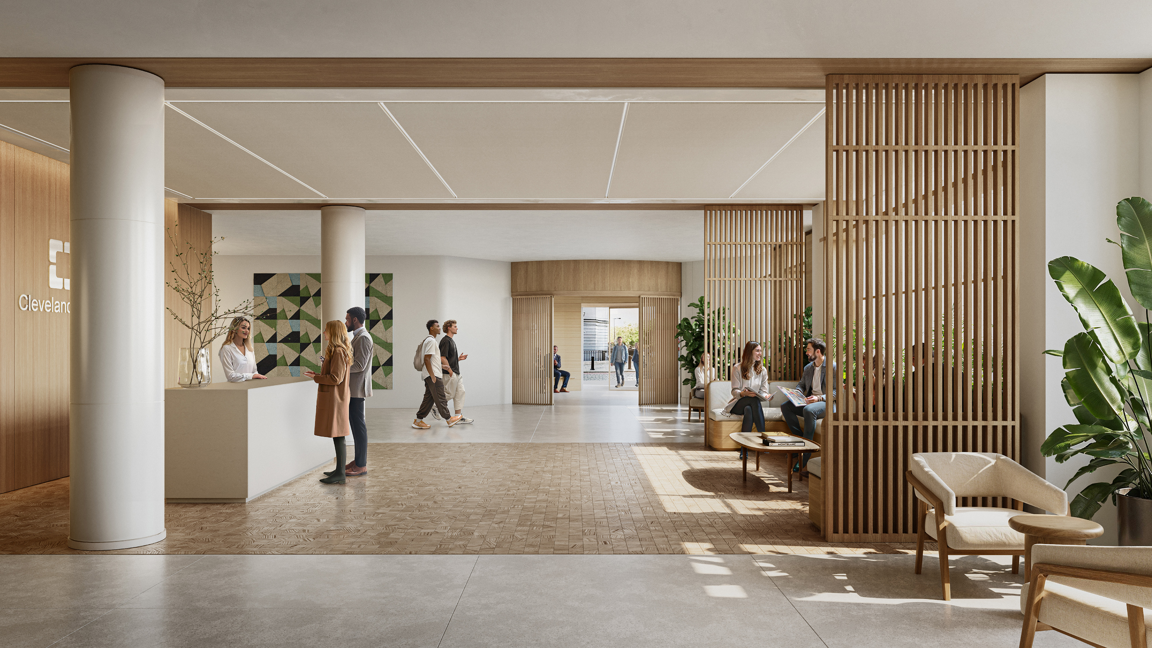 Rendering of the lobby of the Cleveland Clinic London cancer hospital.