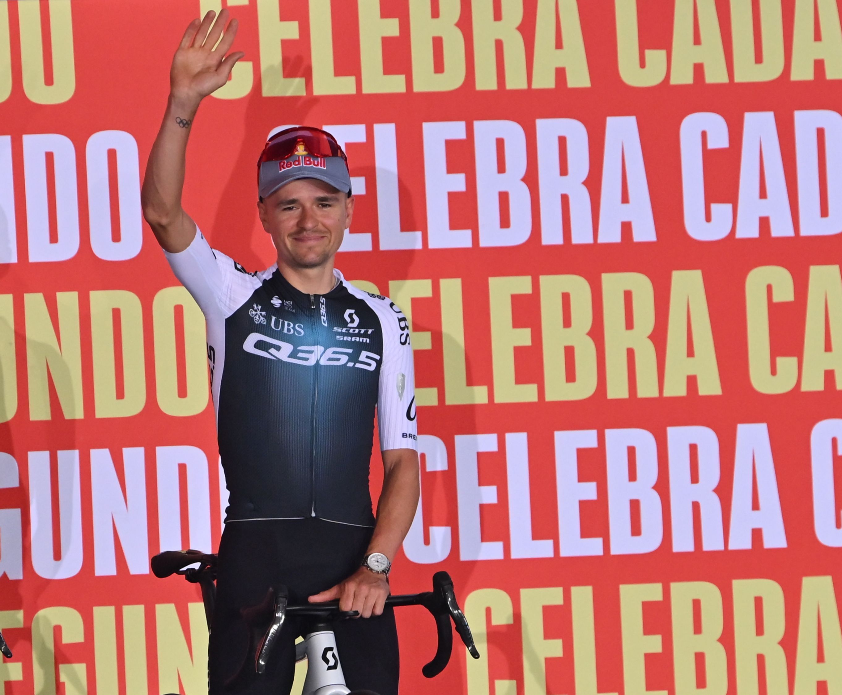 Thomas Pidcock of the Q36.5 Pro Cycling Team at the Vuelta España 2025 team presentation.