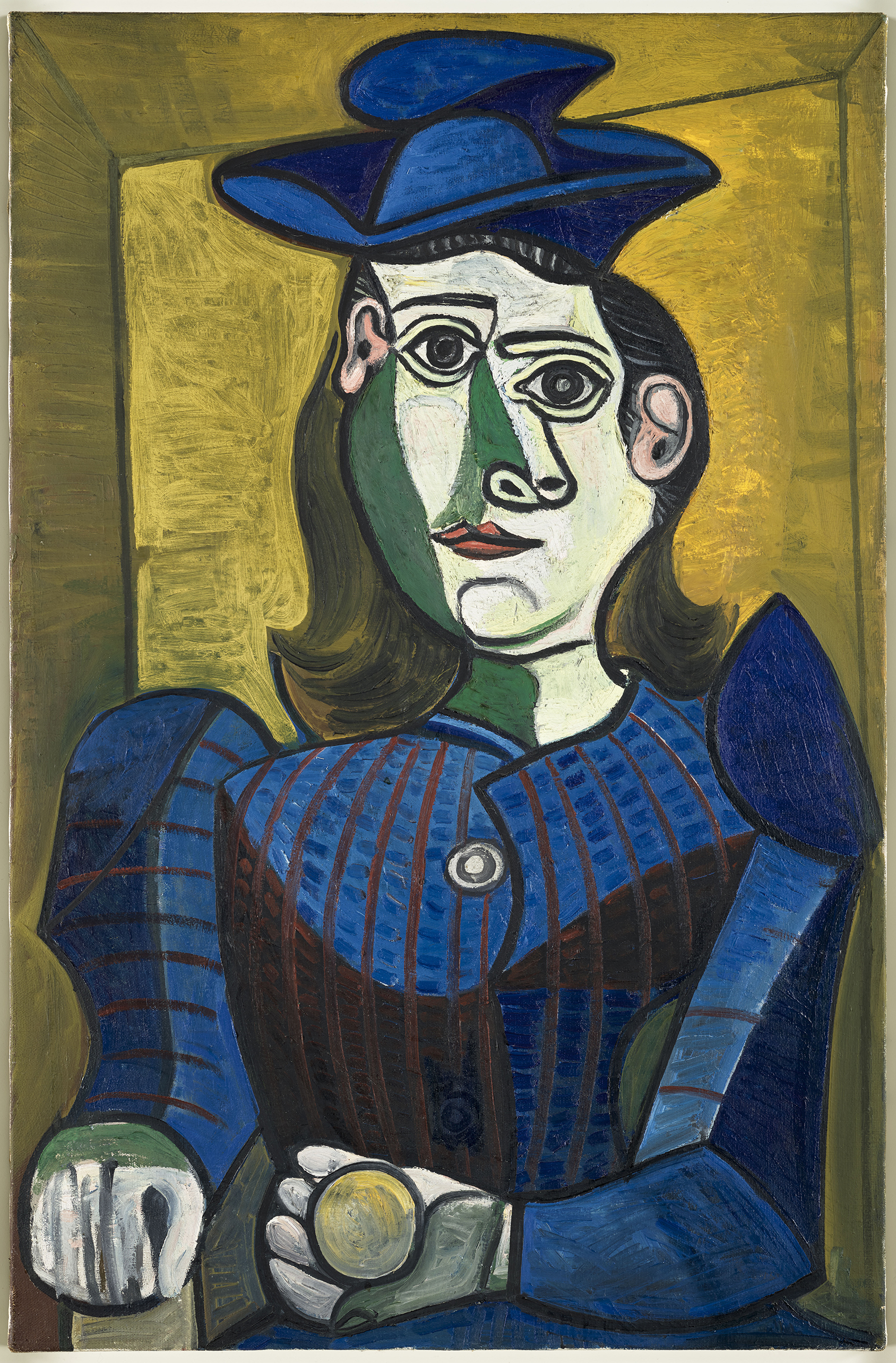 Picasso's painting of a woman in a blue hat and striped jacket, holding a yellow sphere.
