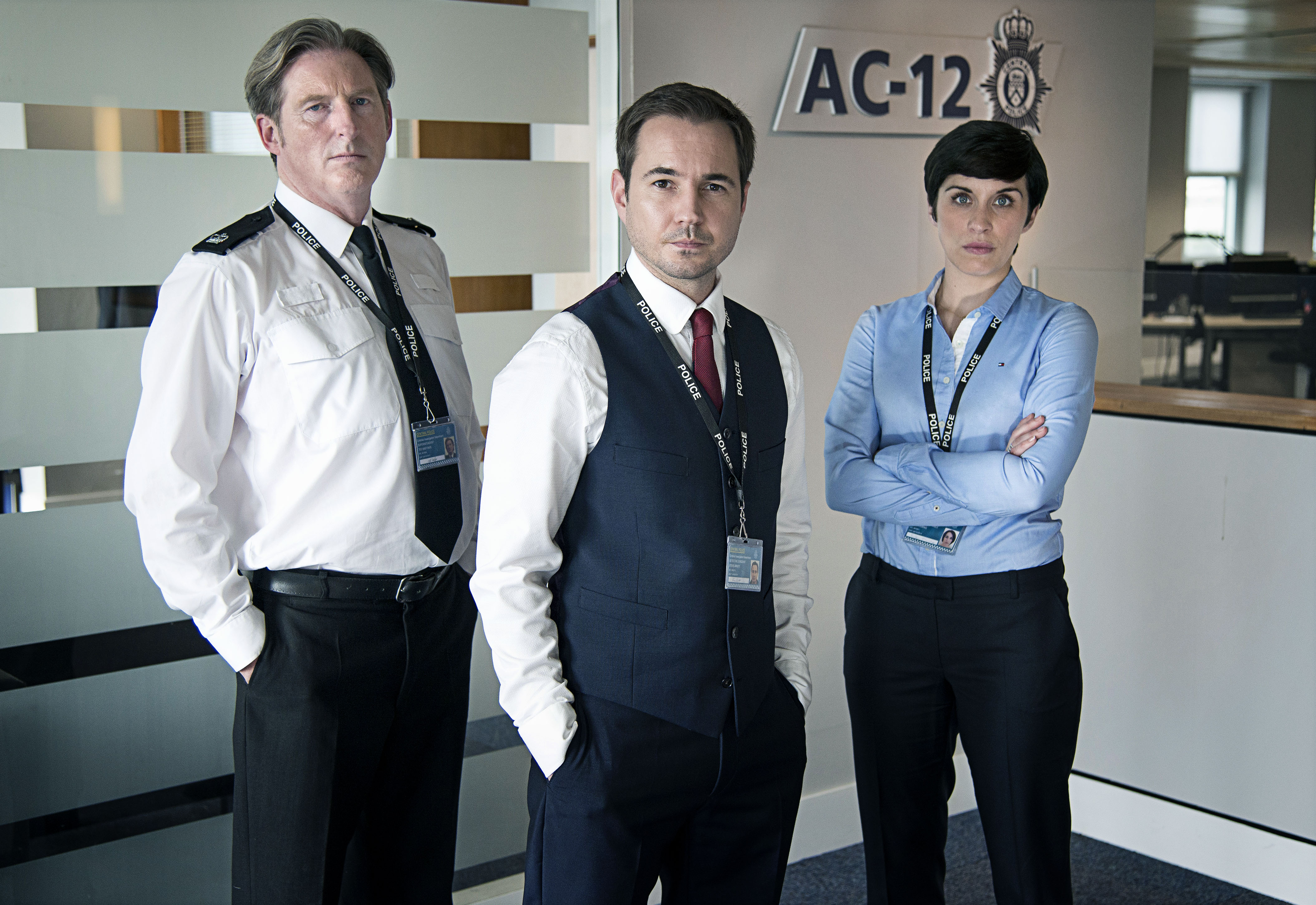 Line of Duty cast photo: Adrian Dunbar, Martin Compston, and Vicky McClure.