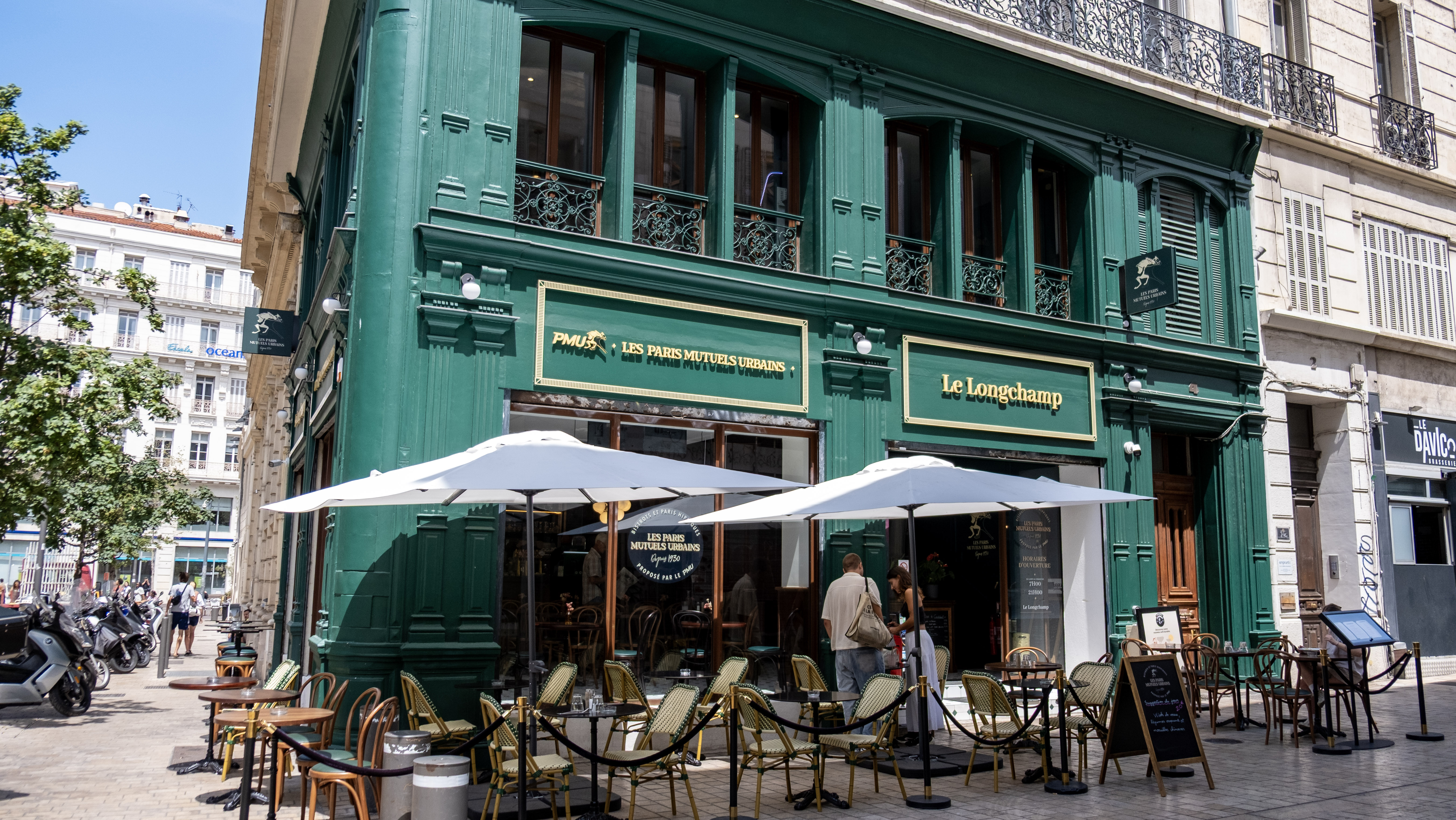 Exterior view of Le Longchamp cafe in Marseille.