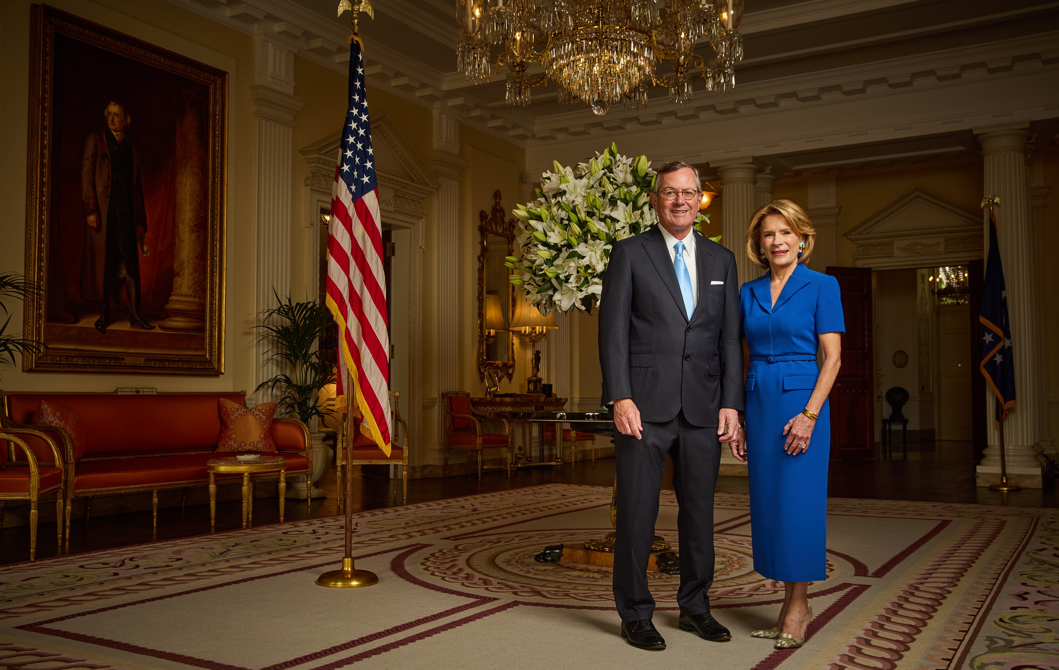 Portrait of US Ambassador to the UK Warren Stephens and his wife Harriet at their London residence.