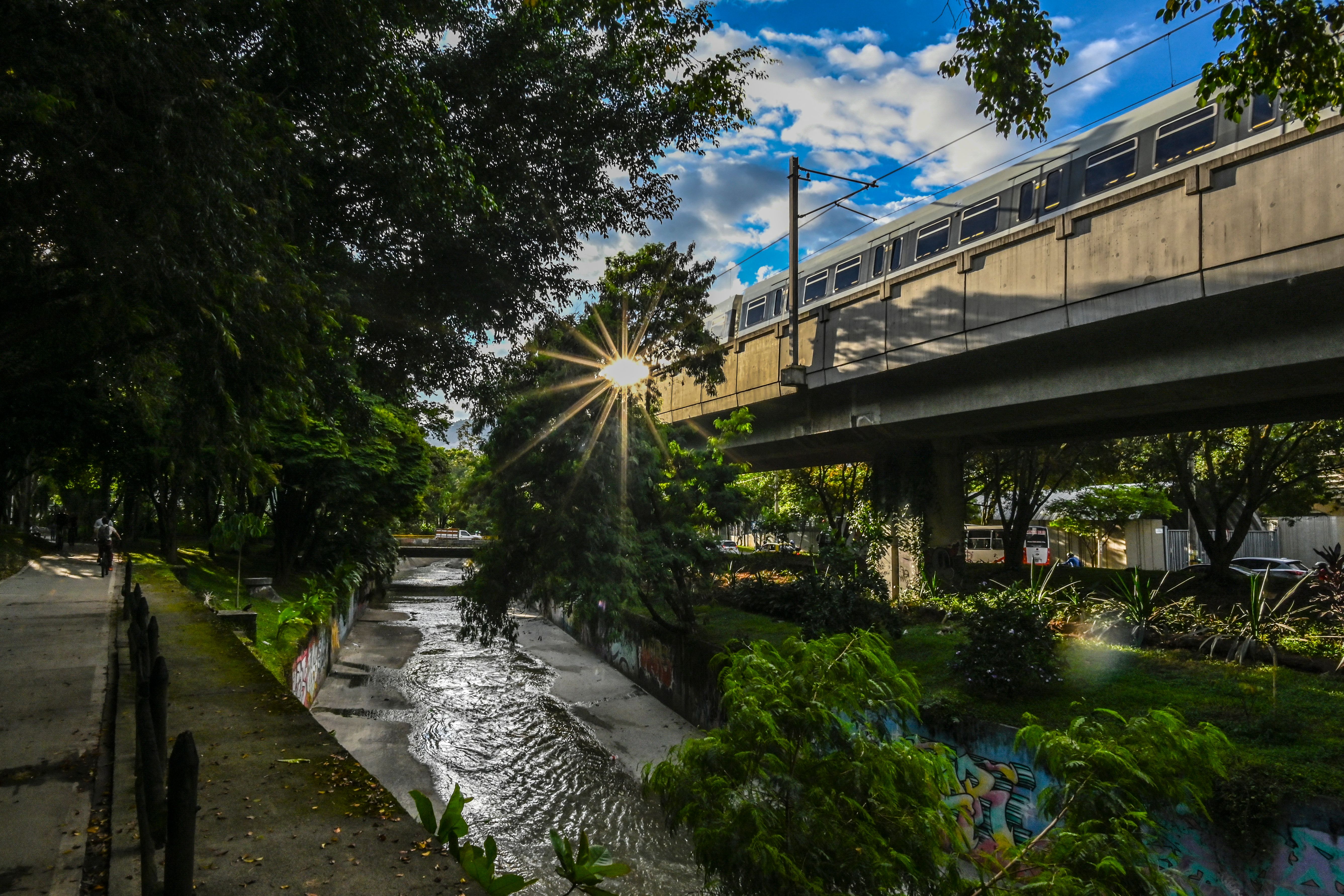 Metro train passing over a green corridor in Medellin, Colombia.