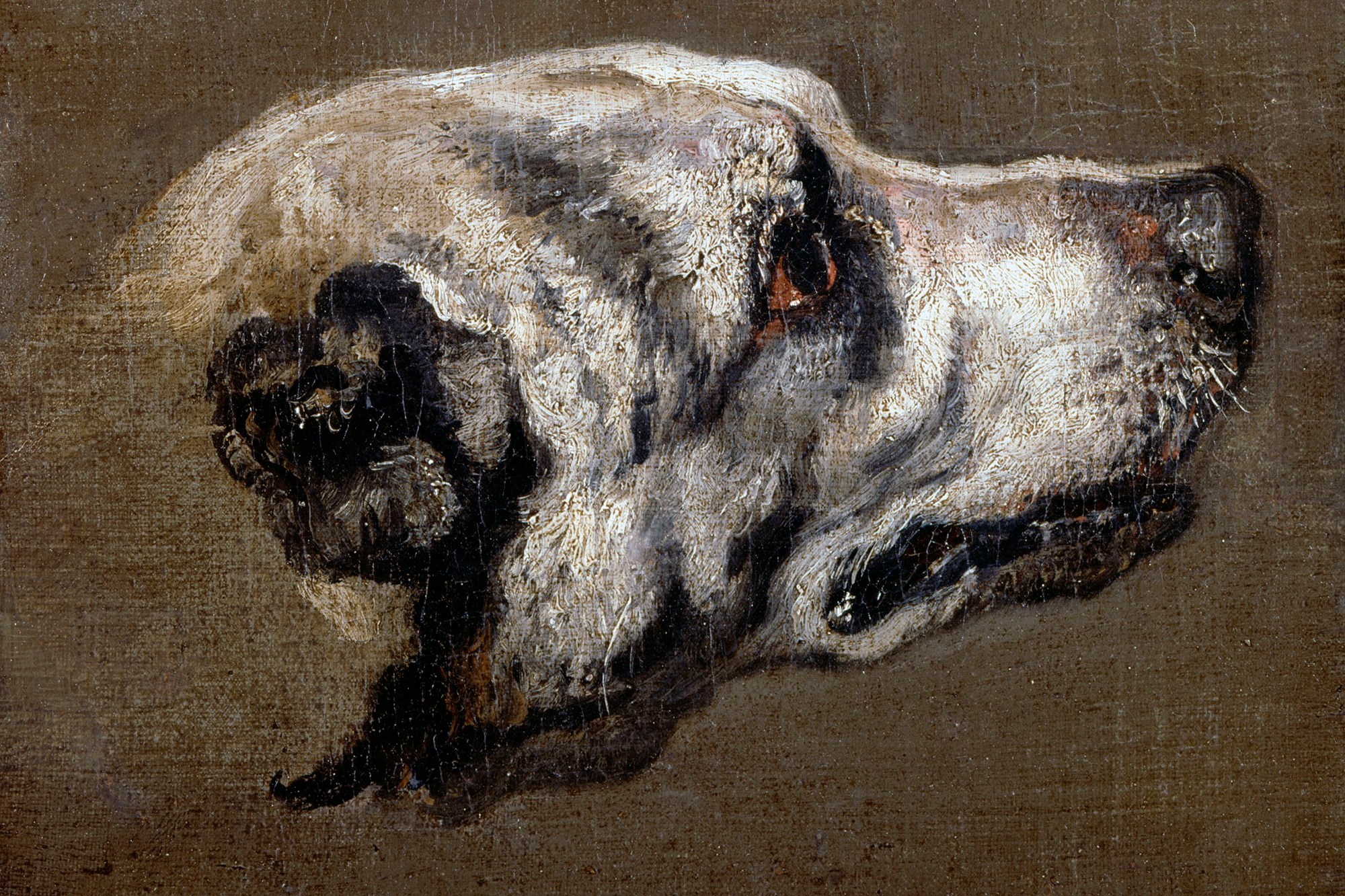 Oil painting of a hound's head.