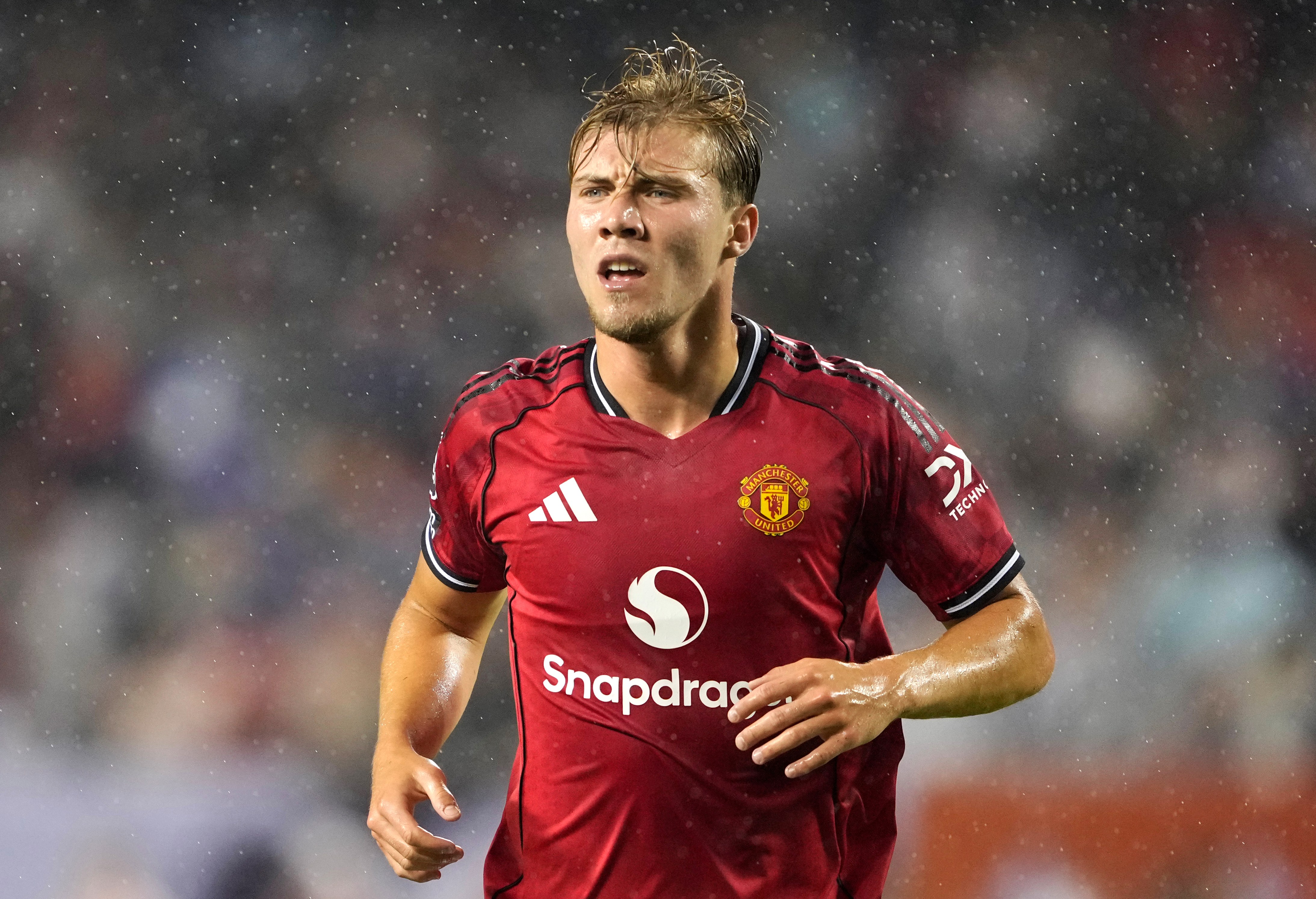 Rasmus Hojlund of Manchester United during a soccer match.