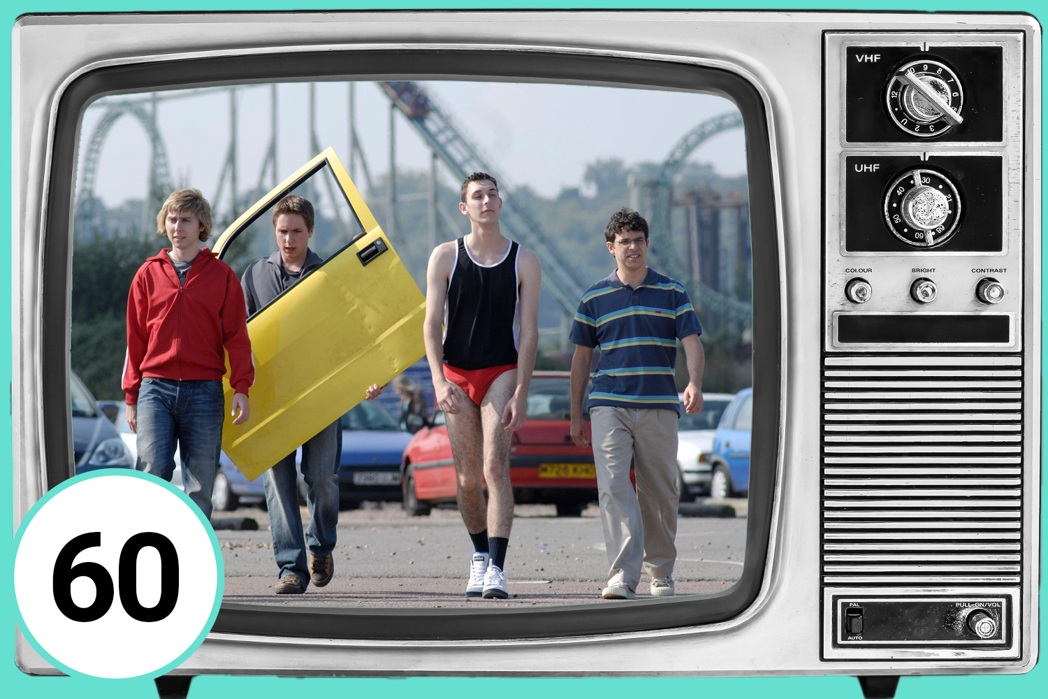 Illustration of Mr Loverman TV show scene in a vintage television screen with the number 60.