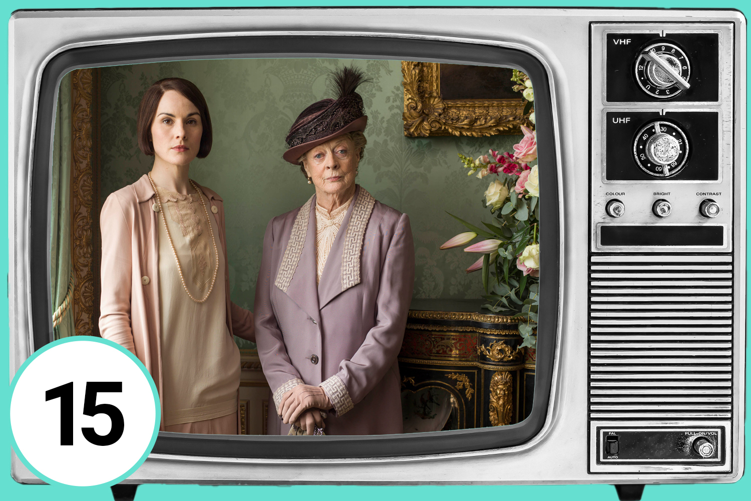 Illustration of Michelle Dockery and Maggie Smith from Downton Abbey on a vintage television screen. Number 15 is in the lower-left corner.