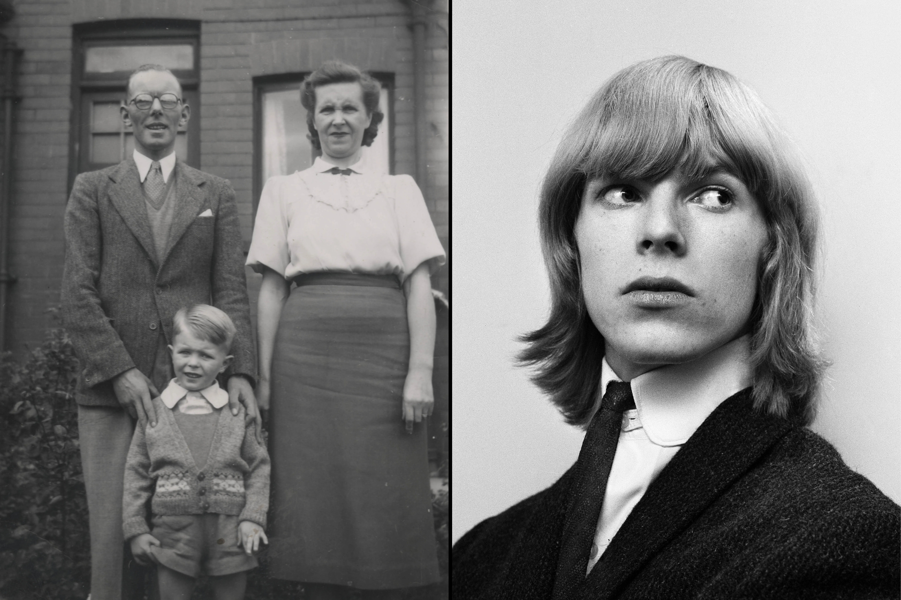 Black and white photos of David Bowie as a child with his parents, and as a young adult.