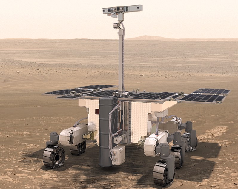 Illustration of the Rosalind Franklin rover on Mars.
