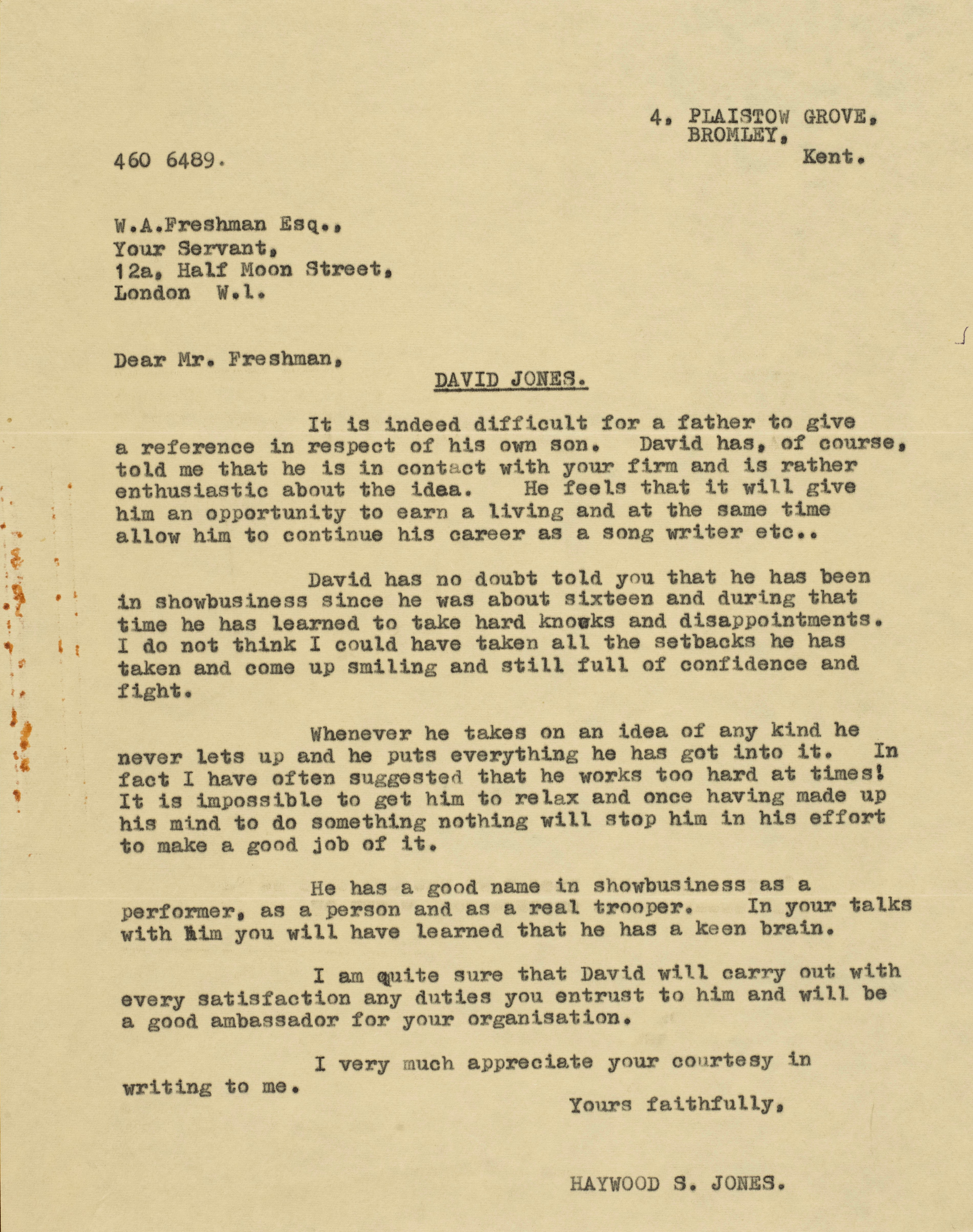 Typed letter of reference for David Bowie from his father.