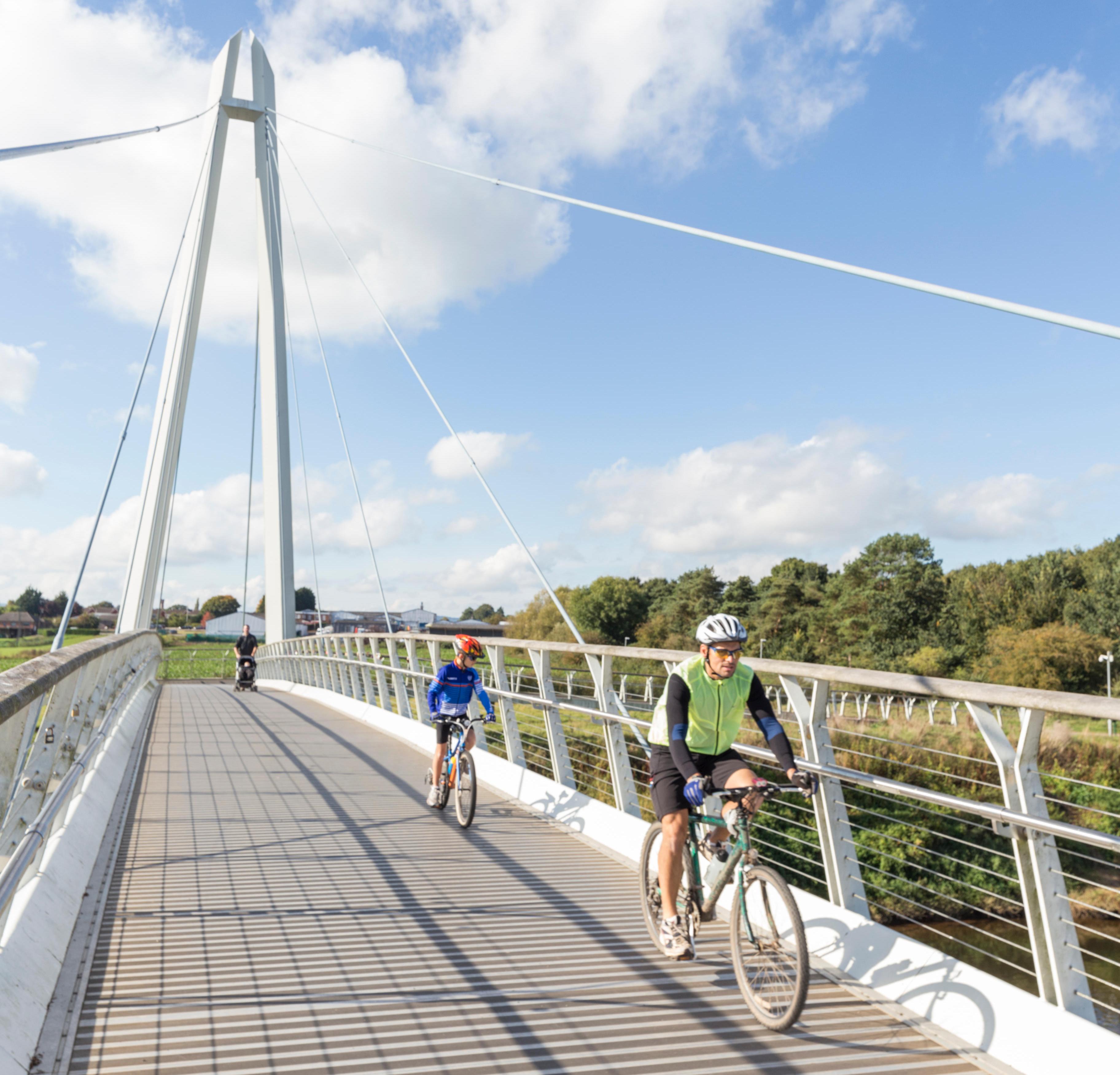 Cyclists on Diglis Bridge in Worcester, England.