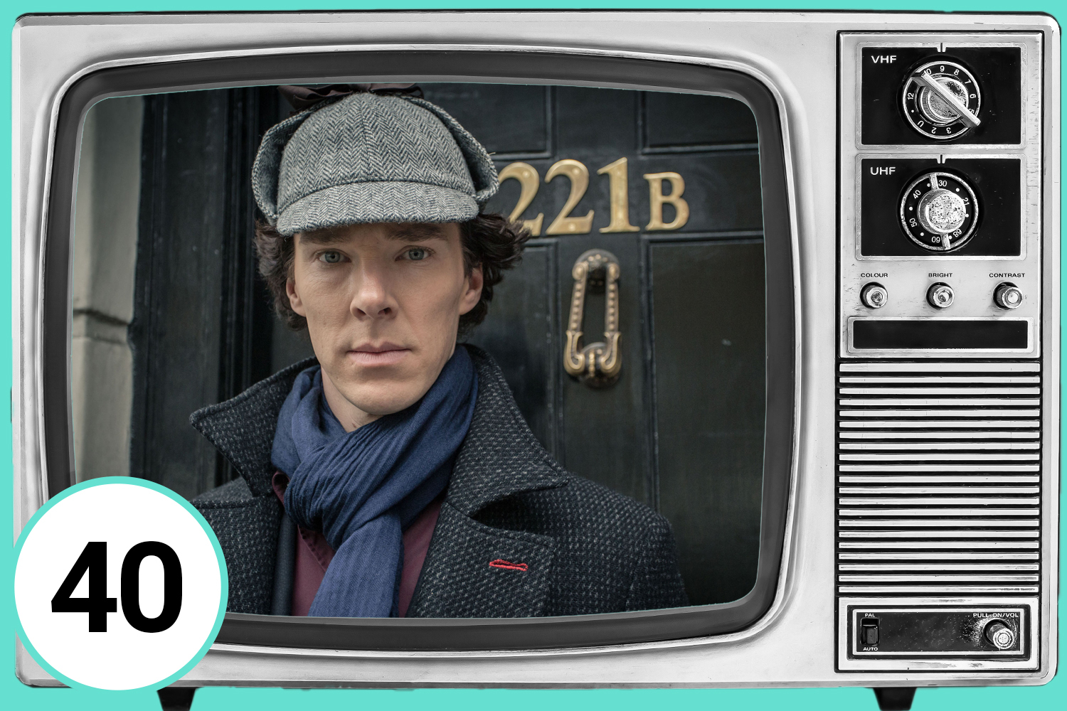 Illustration of Benedict Cumberbatch as Sherlock Holmes on a vintage television screen, number 40 in a circle.