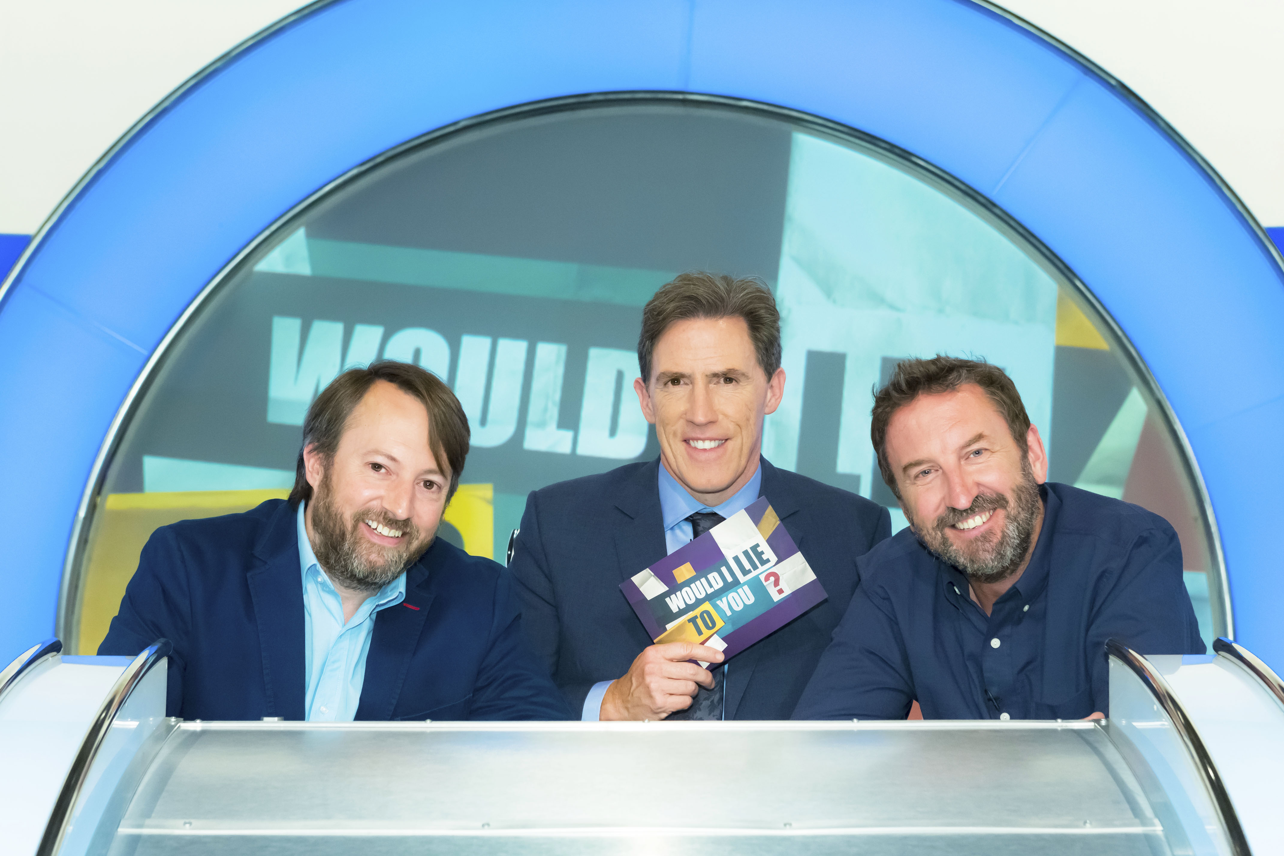 David Mitchell, Rob Brydon, and Lee Mack on the set of Would I Lie to You?