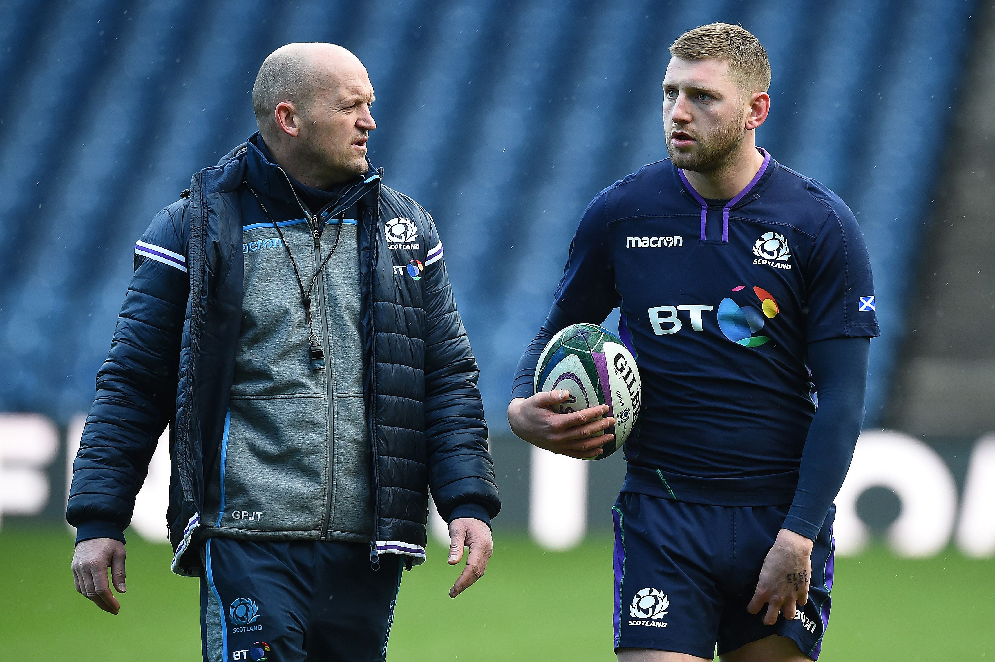 Gregor Townsend and Finn Russell at a Scotland rugby training session.