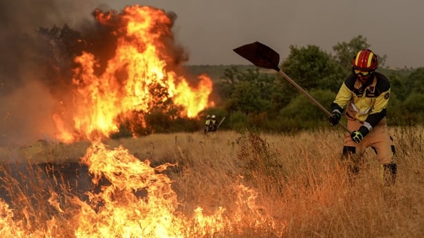 A firefighter works to extinguish a wildfire near Losacio, north of Zamora,