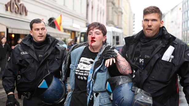 BERLIN, GERMANY - AUGUST 28: Clashes broke out during a pro-Palestinian demonstration at Hackescher Markt in Berlin, Germany on August 28, 2028. Protesters gathered to denounce the killing of journalists and Israeli attacks in Gaza. Police officers used a force against a female protester and detaine
