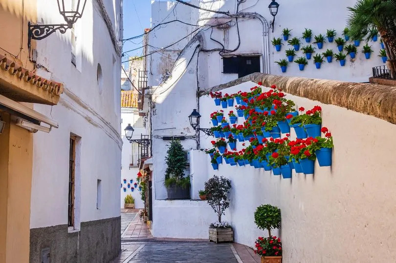 Flower pots hanging at the whitewashed walls in Marbella, a very popular tourist destination on the Costa del Sol