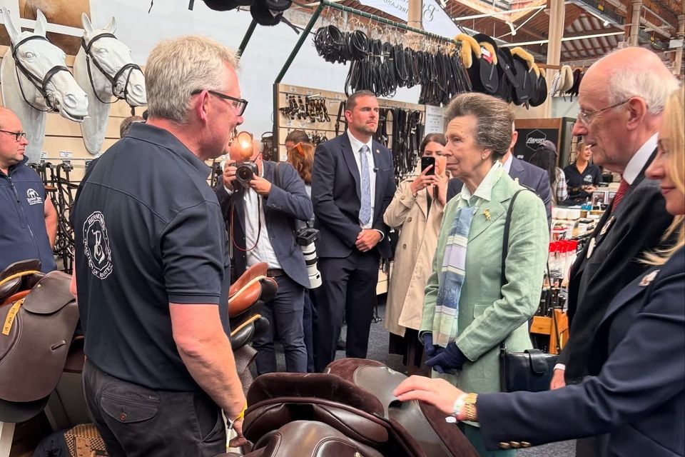 Princess Anne visiting the Berney Bros Saddlery stand at the Dublin Horse Show. Photo: Berney Bros Saddlery Kilcullen via Facebook