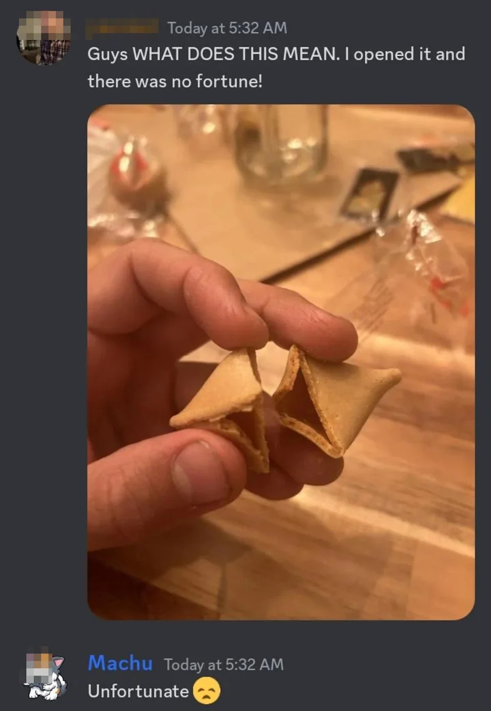 A hand holds a fortune cookie broken open with no fortune inside. Another person comments below, "Unfortunate."