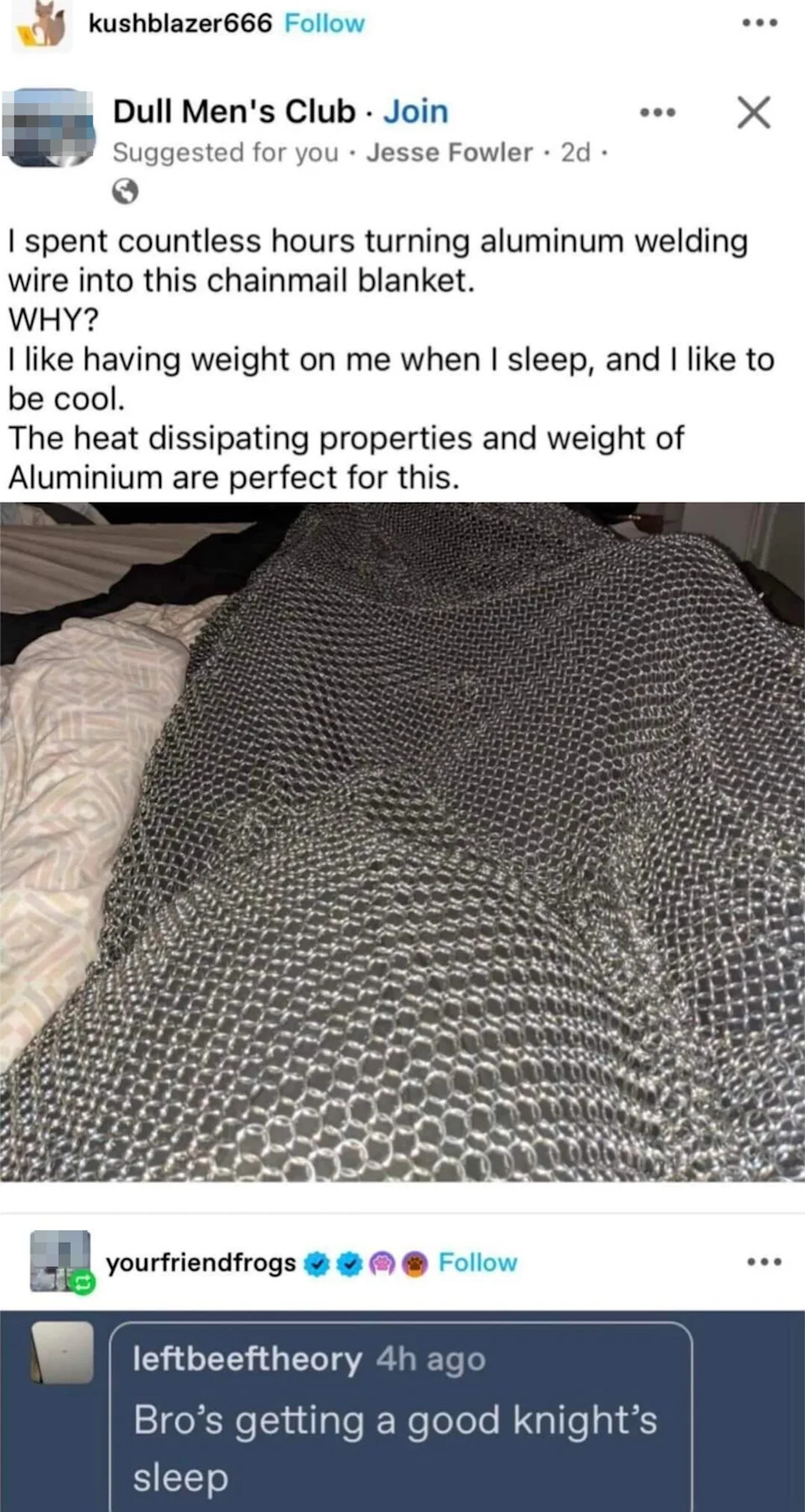 A chainmail blanket made from aluminum welding wire is spread on a bed. Text discusses its cooling and weight properties for better sleep
