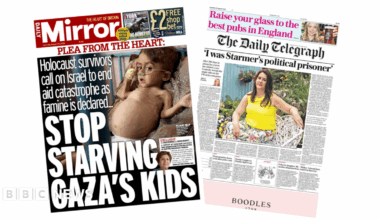The headline on the front page of the Mirror reads: “Stop starving Gaza's kids”
