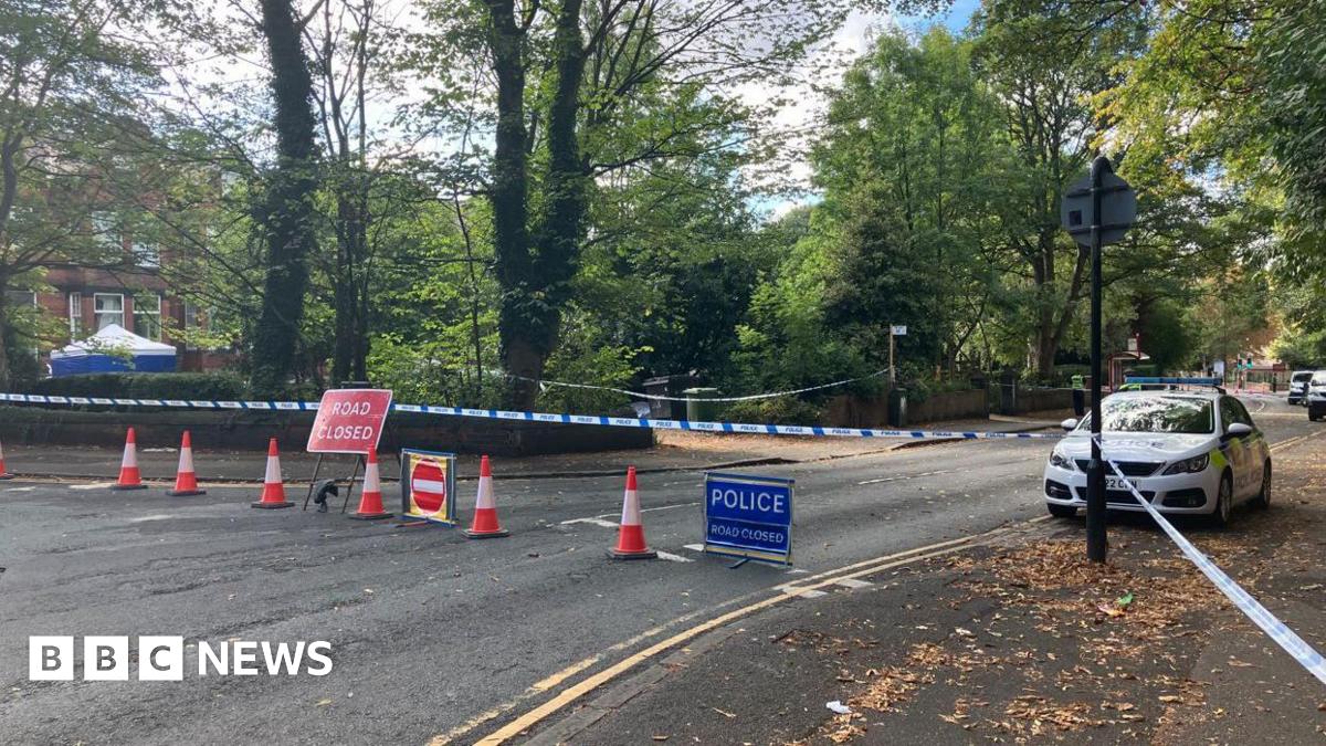 A street is taped off by police, with a blue forensic tent seen in the distance near a house. A police car is parked on the right. The street has trees on both sides, with some leaves on the ground.