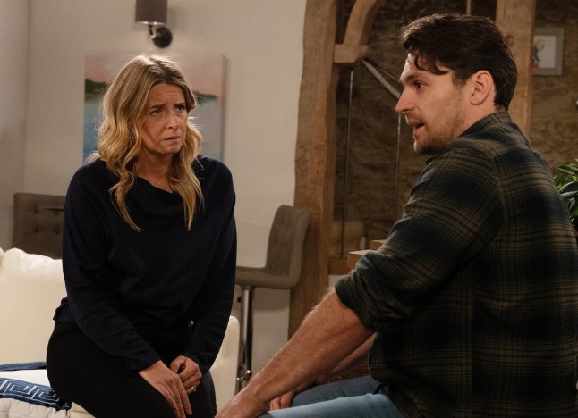 Charity and Mack have a conversation in Jacobs Fold in Emmerdale