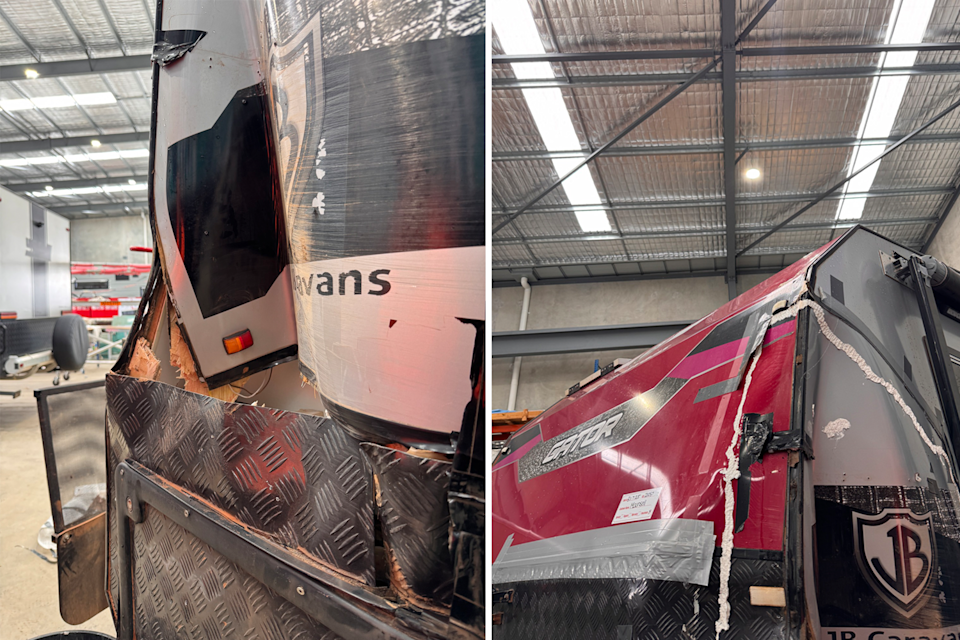 Pictures of the damaged caravan in the WA workshop. 