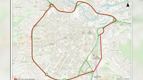 Sheffield City Council A map of Sheffield with a red line drawn around the area where the order applies.
