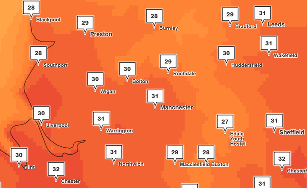 Weather maps show highs of 31C in Greater Manchester at 4pm on Tuesday, August 12