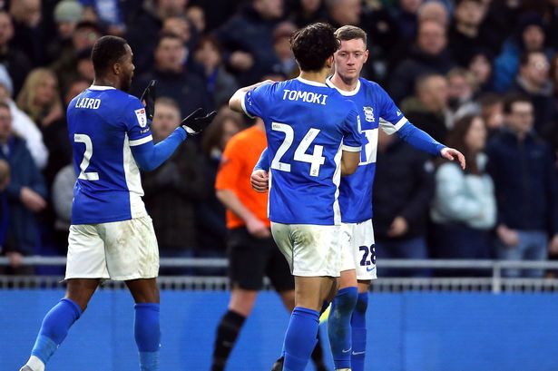 Birmingham City's Jay Stansfield celebrates with teammate Tomoki Iwata