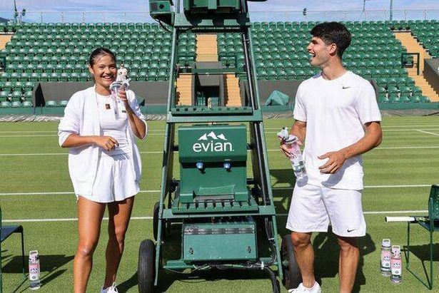 Carlos Alcaraz and Emma Raducanu joke together on the court