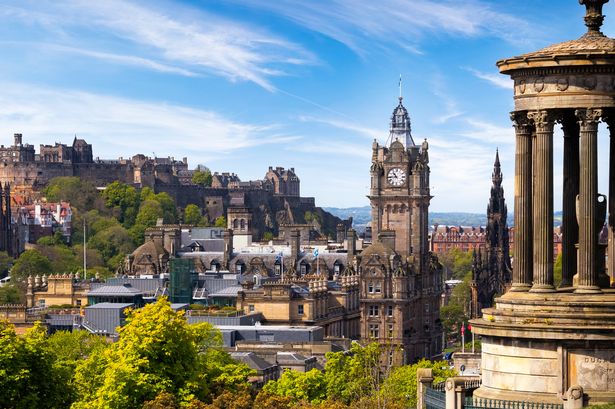 Dugald Stewart Monument and view over historic Edinburgh from Calton Hill, Scotland, UK