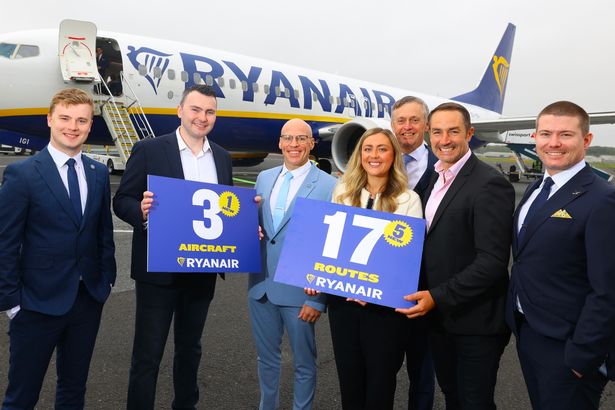 Ryanair launches a new aircraft at Newcastle Airport: Tom Spencer (Newcastle Airport), Ray Kelliher (Ryanair), Leon McQuaid (Newcastle Airport), Wallis Senior, Richard Knight (both Newcastle Airport), Jason McGuinness (Ryanair) and Chris Ion (Newcastle Airport)