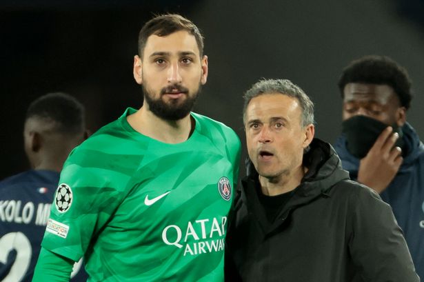 PSG goalkeeper Gianluigi Donnarumma, PSG coach Luis Enrique salute the supporters