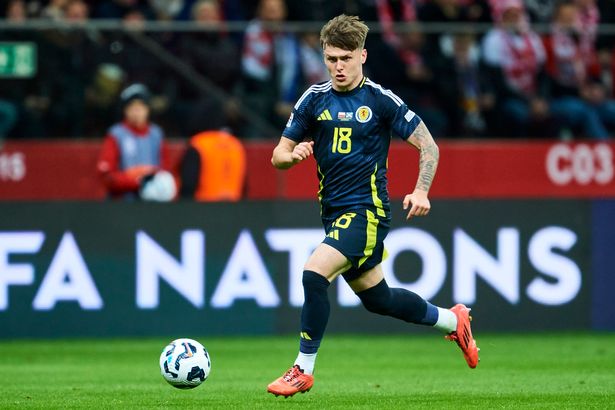 WARSAW, POLAND - NOVEMBER 18: Ben Doak from Scotland controls the ball during the UEFA Nations League 2024/25 League A Group A1 match between Poland and Scotland at National Stadium on November 18, 2024 in Warsaw, Poland. (Photo by Adam Nurkiewicz/Getty Images)