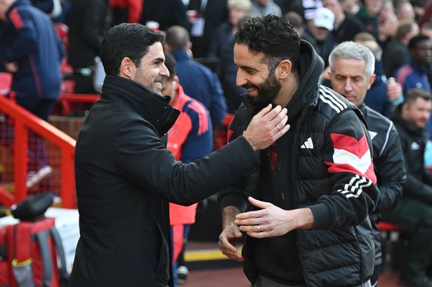 Arsenal's Mikel Arteta pictured with Ruben Amorim the last time he visited Manchester United with his team