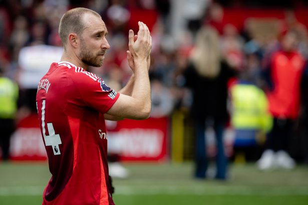 Christian Eriksen of Manchester United applauds the fans at the end of  the Premier League match between United and Aston Villa at Old Trafford on May 25, 2025 