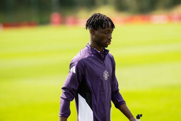 MANCHESTER, ENGLAND - AUGUST 10: (EXCLUSIVE COVERAGE) Sekou Kone of Manchester United in action during a first team training session at Carrington Training Ground on August 10, 2025 in Manchester, England. (Photo by Ash Donelon/Manchester United via Getty Images)