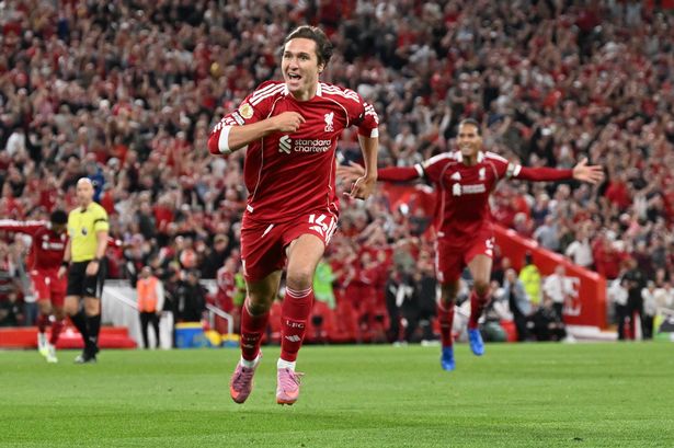 LIVERPOOL, ENGLAND - AUGUST 15: (THE SUN OUT, THE SUN ON SUNDAY OUT) Federico Chiesa of Liverpool celebrates scoring his team's third goal during the Premier League match between Liverpool and Bournemouth at Anfield on August 15, 2025 in Liverpool, England. (Photo by Liverpool FC/Liverpool FC via Getty Images)