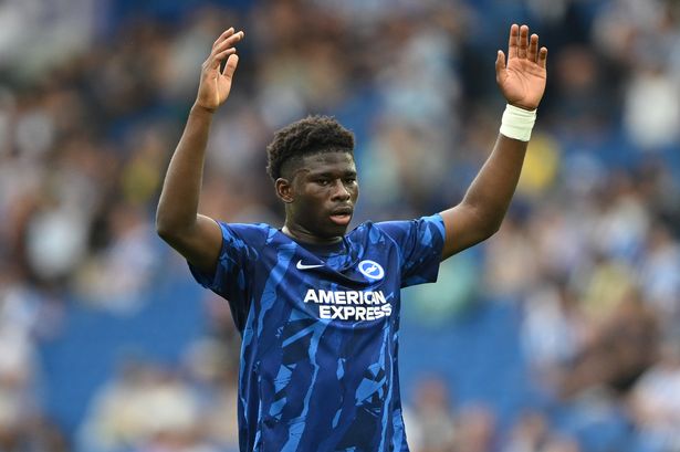 Carlos Baleba of Brighton & Hove Albion looks on during a warm-up