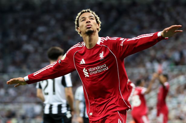 Hugo Ekitike of Liverpool celebrates scoring his team's second goal during the Premier League match at Newcastle United on August 25 2025