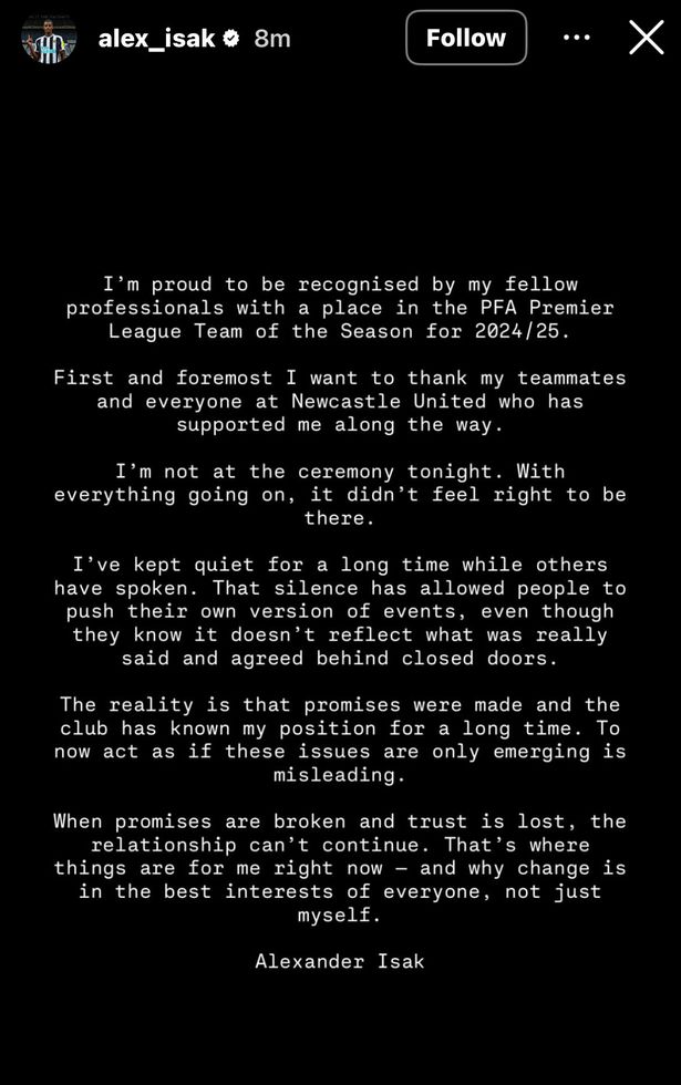Alexander Isak's statement