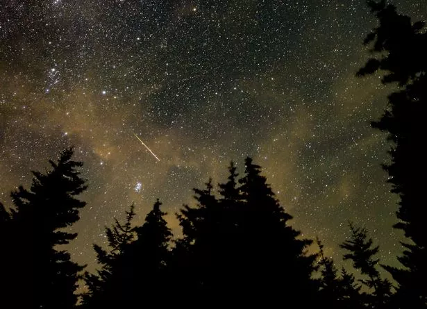 A meteor streaks across the sky during the annual Perseid meteor shower, 